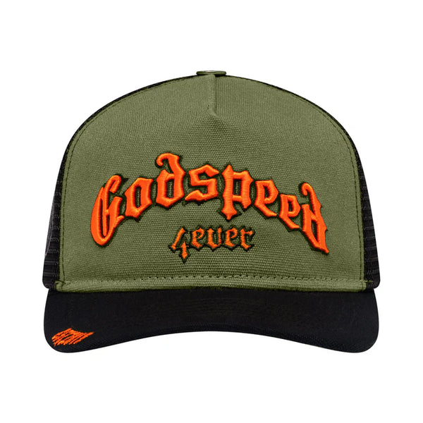 GODSPEED Forever Green and Black Trucker Orange logo Snap Back