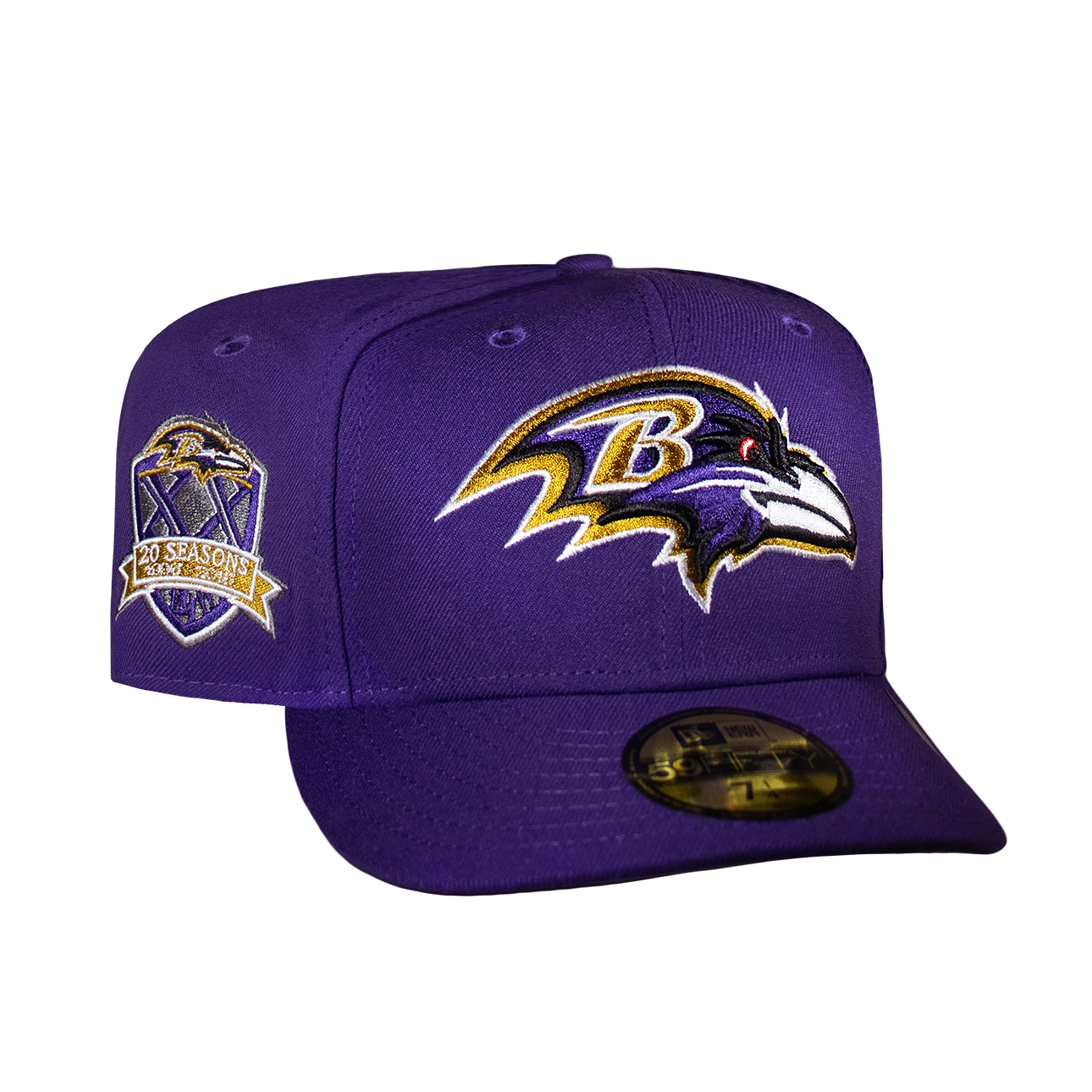 A purple and grey baseball cap with the Baltimore Ravens logo and NFL branding.