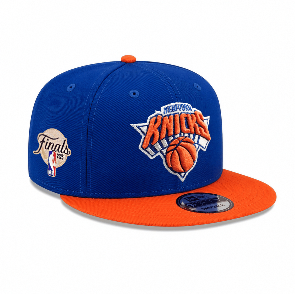 Blue and orange New York Knicks cap with logo on a white background